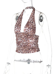 Leopard print halter backless crop top