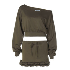 Long sleeve off shoulder self tie ruffle crop mini skirt set