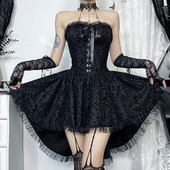 Sweetheart neck lace hem ruffle button mini dress