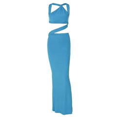 Backless hollow out o ring pearl chain solid cut out maxi dress-final-sale
