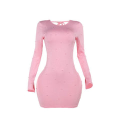 Crewneck long sleeve beaded backless mini dress