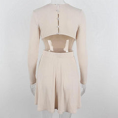 Ribbed long sleeve solid button hollow out crewneck cut out mini dress-final-sale
