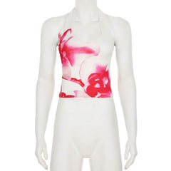 Halter flower print backless top