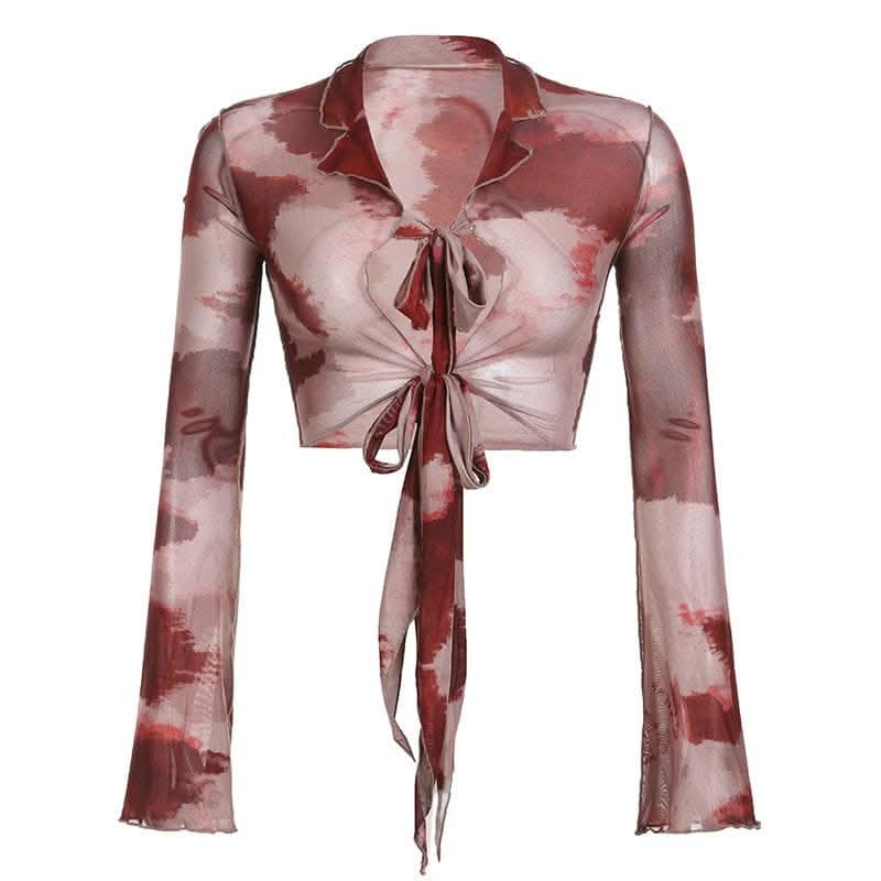 Sheer mesh see through long sleeve tie dye ruffle self tie crop top-final-sale