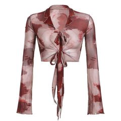 Sheer mesh see through long sleeve tie dye ruffle self tie crop top-final-sale