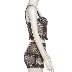 Leopard print mesh button cami short pant set