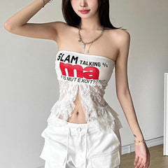 Lace patchwork letter pattern crop top