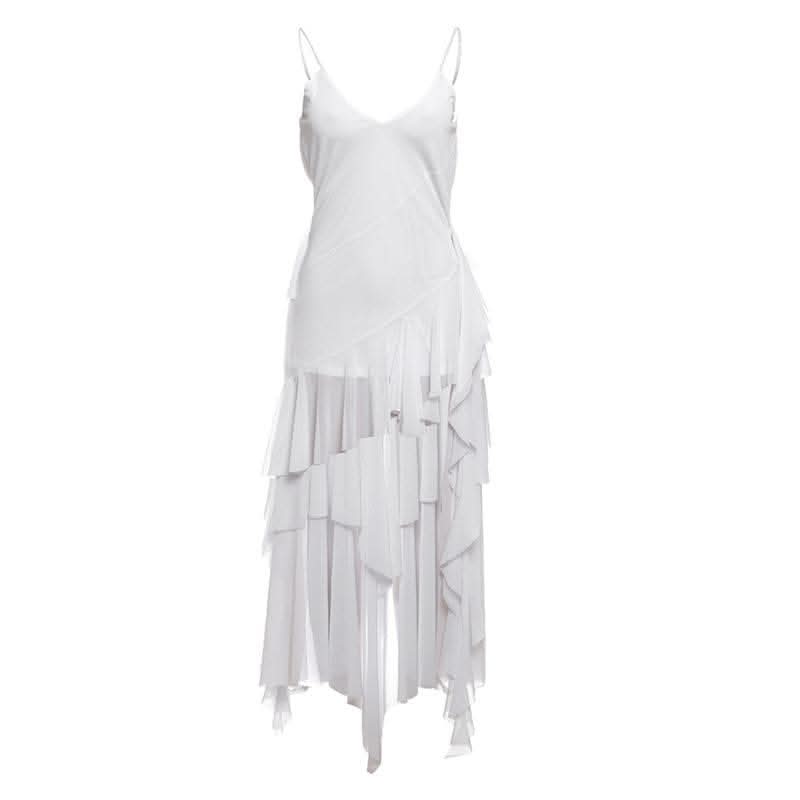 V neck sheer mesh ruffle cami midi dress-final-sale