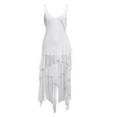 V neck sheer mesh ruffle cami midi dress-final-sale