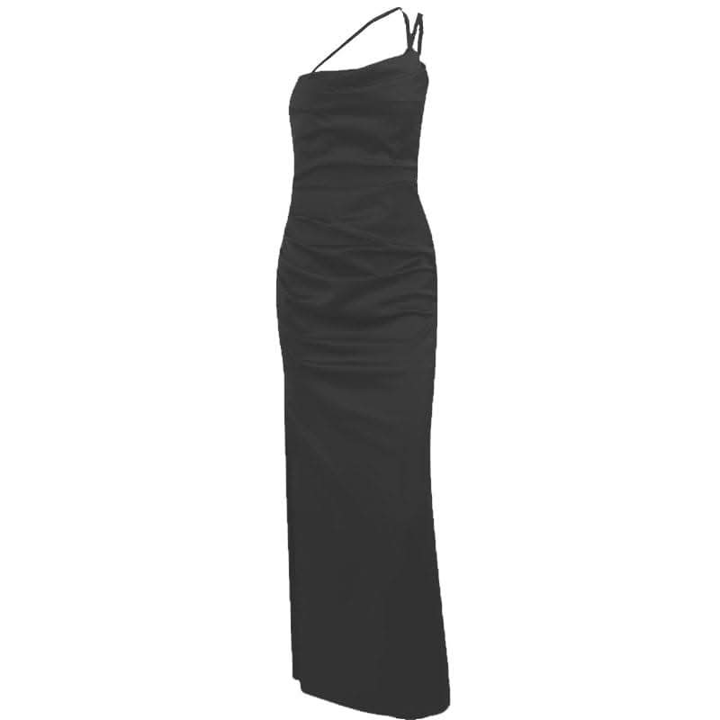 Solid satin ruched one shoulder slit midi dress-final-sale