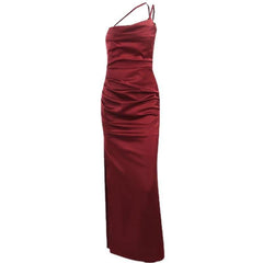 Solid satin ruched one shoulder slit midi dress-final-sale