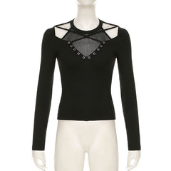 Long sleeve cross front hollow out fishnet patchwork cut out top