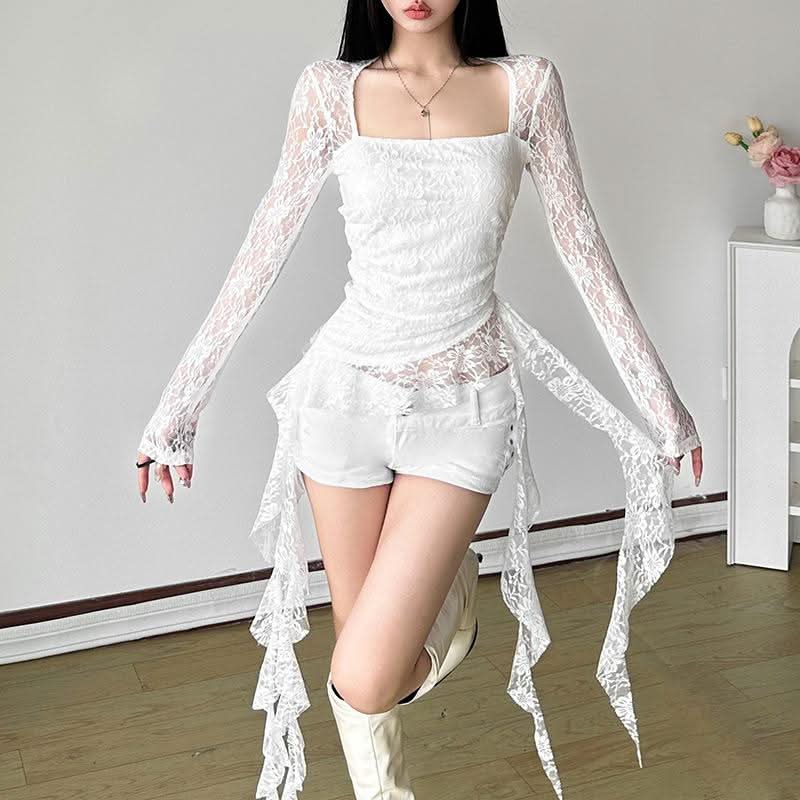 Square neck long sleeve lace ruffle top