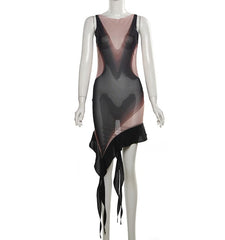 Sleeveless crewneck print irregular mesh mini dress