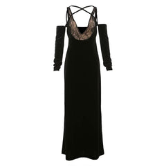 Off shoulder v neck velvet lace hem cami maxi dress