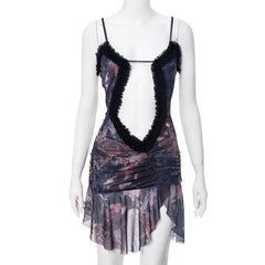 Double layered mesh ruffle hollow out cami cut out mini dress