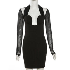 Long sleeve halter mesh patchwork solid mini dress-final-sale