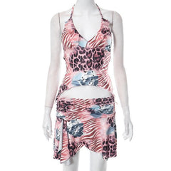 Leopard print contrast halter backless ruched ruffle v neck mini skirt set-final-sale