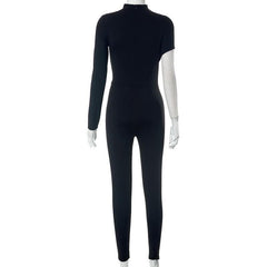 Hollow out irregular long sleeve high neck solid jumpsuit-final-sale