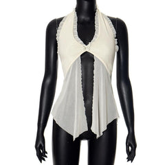 Halter lace hem ruffle butterfly embroidery mesh top
