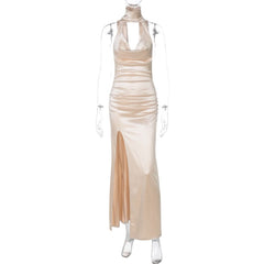 Halter cowl neck ruched backless slit maxi dress