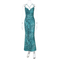 Leopard print cowl neck cross back cami maxi dress