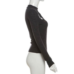 High neck long sleeve beaded cross pattern hollow out cut out top