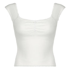 Cap sleeve ribbed bowknot textured lace hem top