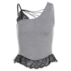 Irregular lace hem hollow out stitch patchwork cut out top