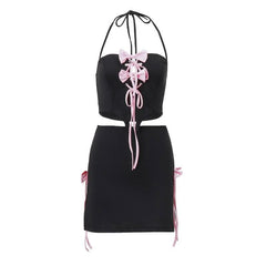 Bowknot halter contrast self tie backless mini skirt set-final-sale