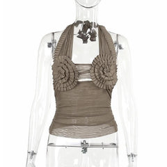 Halter pleated hollow out ruched mesh backless cut out top-final-sale
