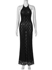 Halter backless ruffle lace maxi dress