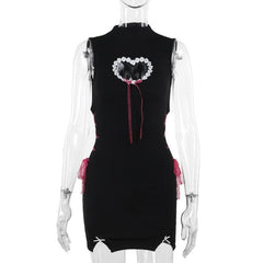 High neck heart pattern hollow out lace up cut out mini dress-final-sale