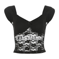 V neck ruched lace bowknot letter pattern backless top