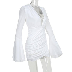 V neck long flared sleeve ruched irregular solid mini dress-final-sale