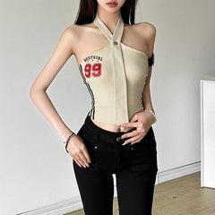 Halter button â€?9â€?pattern contrast backless crop top