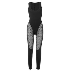 U neck sleeveless lace patchwork solid jumpsuit-final-sale