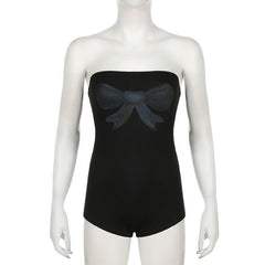 Bowknot print backless tube romper