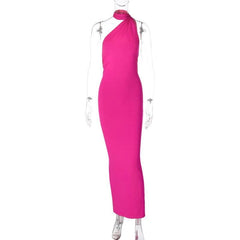Ruched contrast backless one shoulder ribbon 2-way maxi dress-final-sale