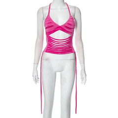 Hollow out self tie halter backless v neck crop top-final-sale