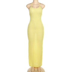 Cross back self tie backless u neck textured solid maxi dress-final-sale