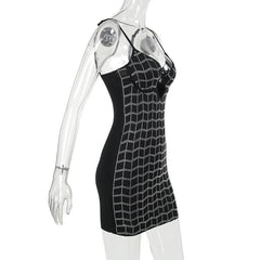 Beaded hollow out v neck backless plaid cami cut out mini dress-final-sale