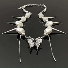 Butterfly pendant faux pearl rivet necklace
