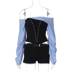 Long sleeve off shoulder striped print pant set
