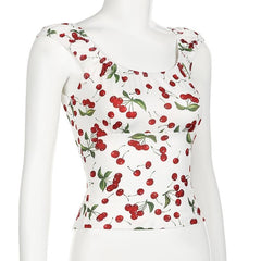 Cap sleeve u neck cherry print lace up top