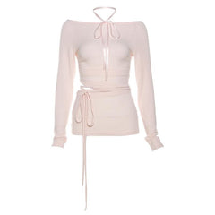 Long sleeve halter ribbon round neck top