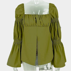 Flared pleated sleeve smocked square neck slit solid top-final-sale