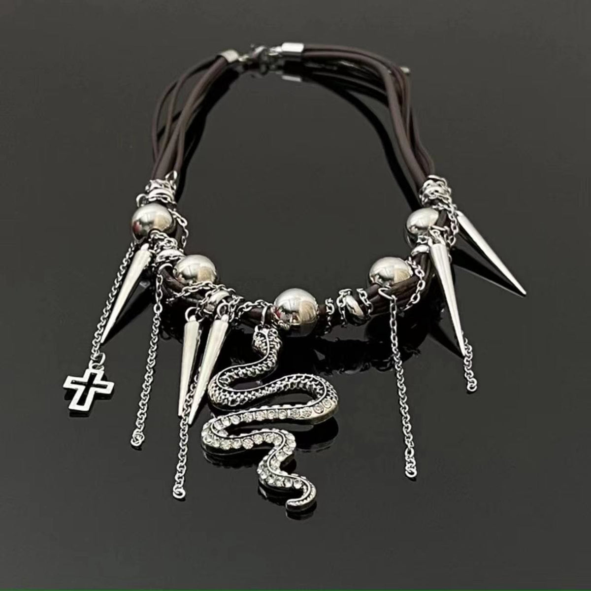 Snake PU leather beaded cross metal chain necklace