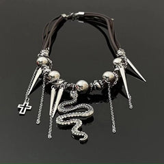 Snake PU leather beaded cross metal chain necklace
