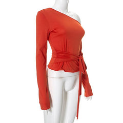 One shoulder irregular long sleeve ruched self tie top